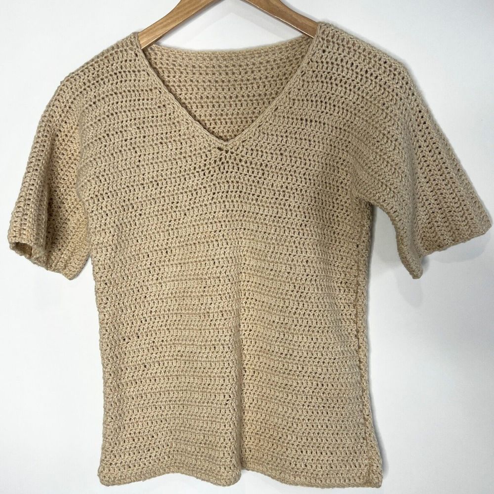 Handmade Crocheted Knit Sweater Short Sleeve V-Neck Tan Women's Size Small